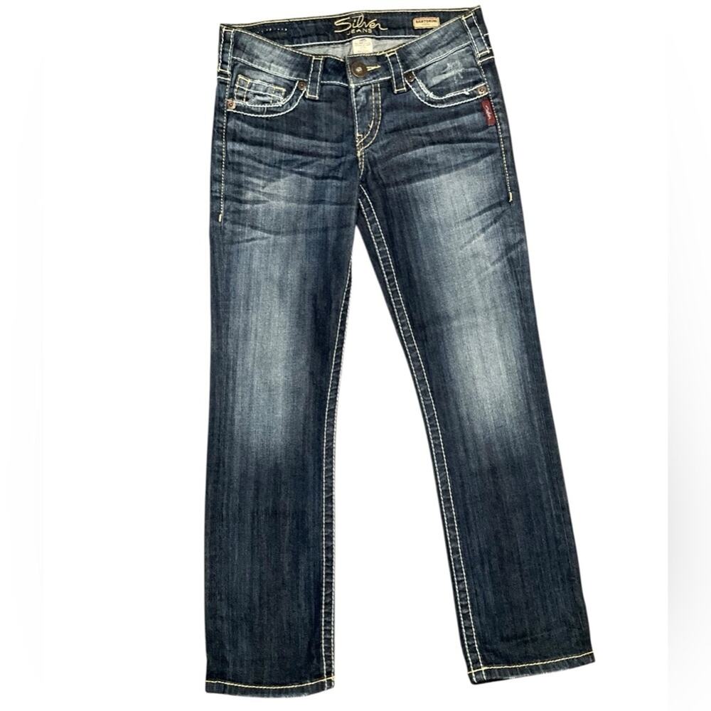 Silver Jeans Women’s Santorini Capri Blue Denim Distressed Size 25